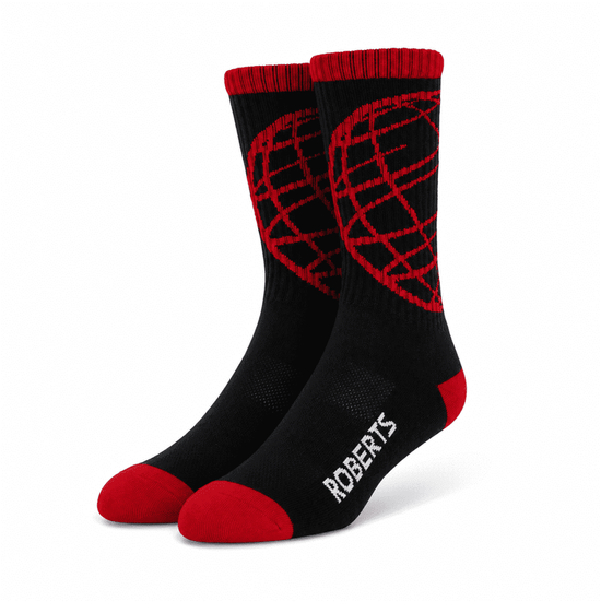 Custom athletic socks in black with red design and accents, featuring a logo on the side.