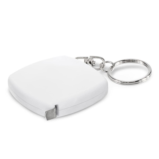 A white tape measure key ring with a silver keychain attachment.