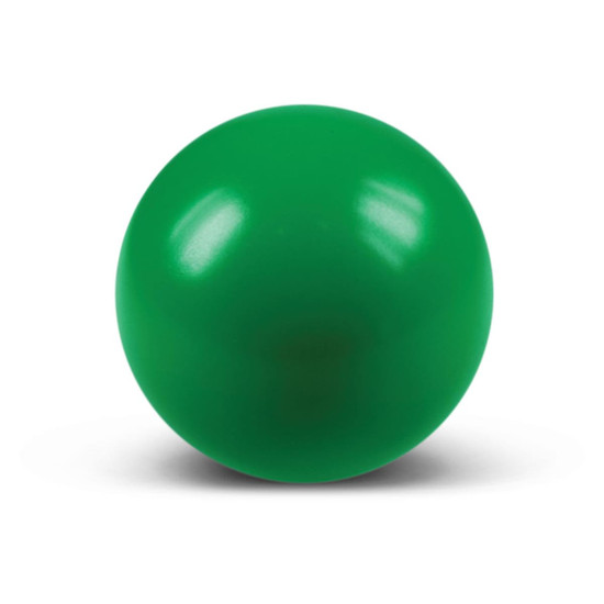 A green stress ball in a round shape, designed for squeezing and stress relief.