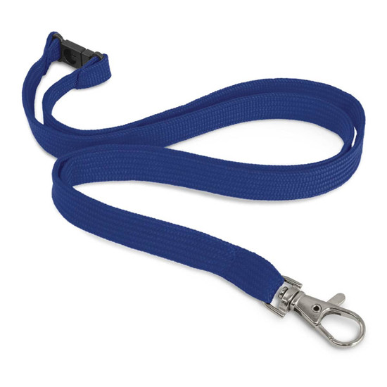 A blue custom printed lanyard with a 12mm width and a metal clip at one end.