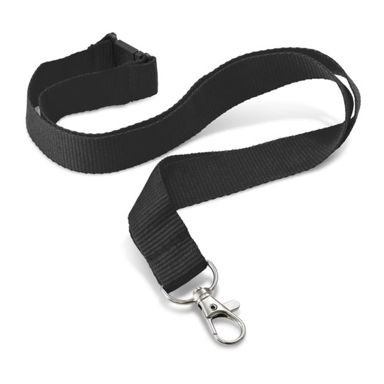 A black 20mm custom printed lanyard with a metal clip for easy attachment.