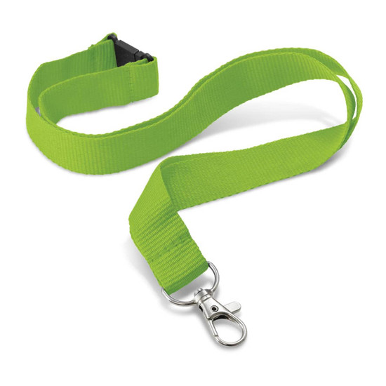A bright green custom printed lanyard with a clip and a plastic buckle.