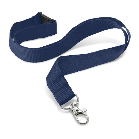 A navy blue custom printed lanyard measuring 20mm wide with a metal clip for attachments.