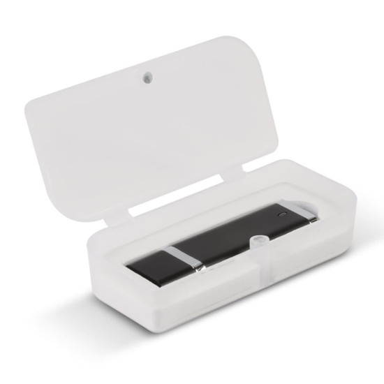A Quadra 4GB Flash Drive in a transparent case. The drive is compact and features a sleek black design.