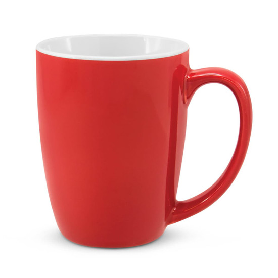 A red coffee mug with a glossy finish and a white interior.