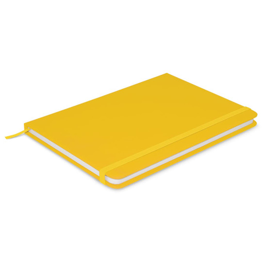A yellow Omega Notebook with a textured cover and a ribbon bookmark, featuring a logo on the front.