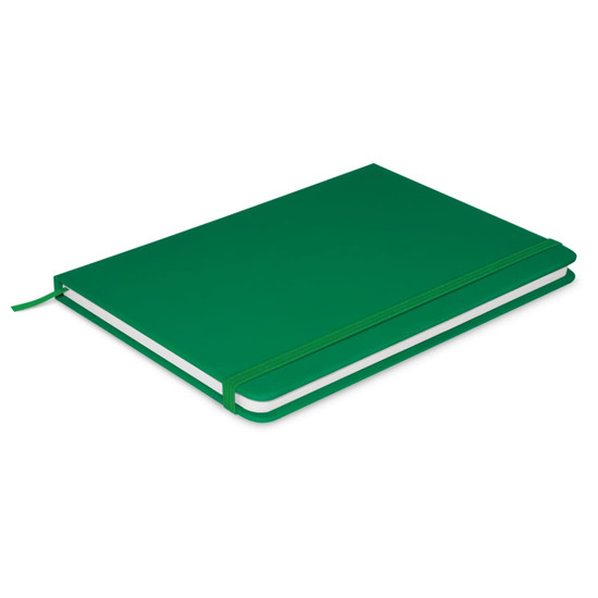 A green Omega Notebook featuring a sleek design and an elastic band closure.