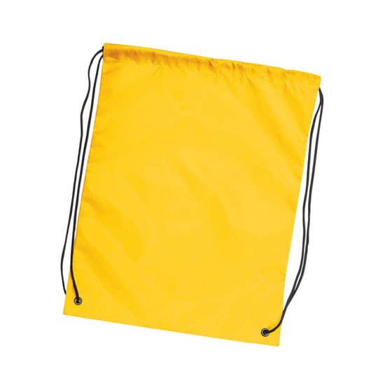 A yellow drawstring backpack with black cords, featuring a branding logo.