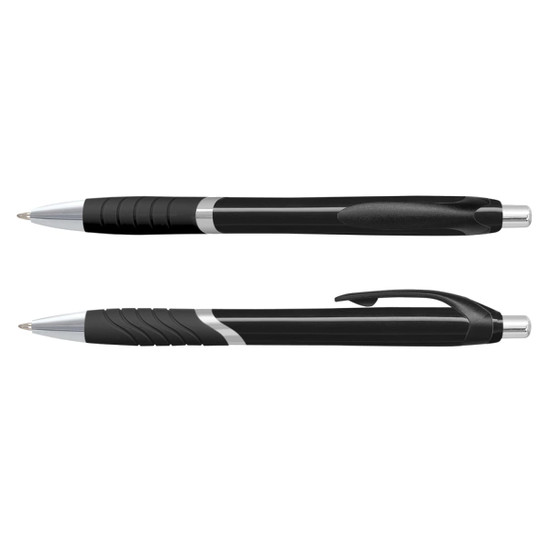 Two black plastic pens with silver detailing and grip sections, one with a retractable mechanism.