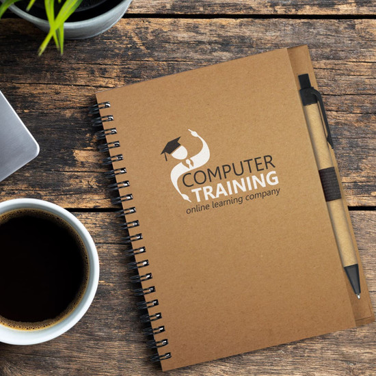A brown spiral-bound notebook featuring a logo for "Computer Training" alongside a pen.
