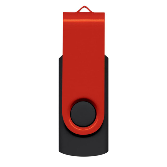 A red and black Helix 16GB flash drive with a swivel design and a circular button. It features a logo.