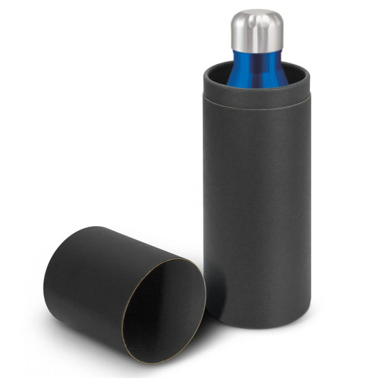 A drink bottle in a black cylindrical case, featuring a metallic silver lid and a blue body. The case is partially open.