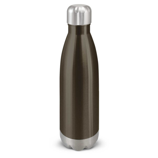A drink bottle with a sleek design, featuring a dark metallic body and a silver, rounded cap.