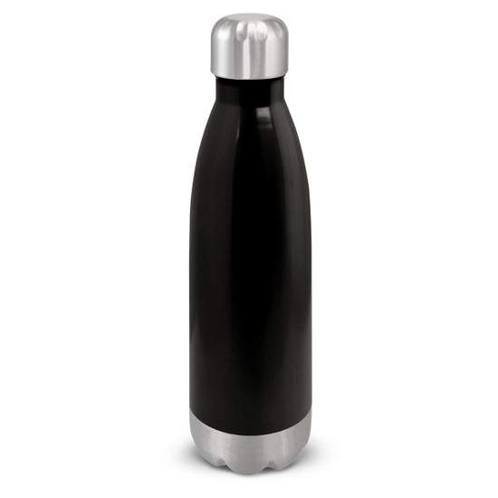 A drink bottle with a sleek black exterior and a silver cap, featuring a stainless steel base for durability.