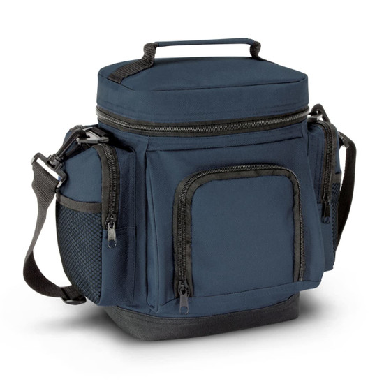 A navy blue cooler bag with multiple pockets and a top handle for easy carrying. It features a removable shoulder strap and a logo.