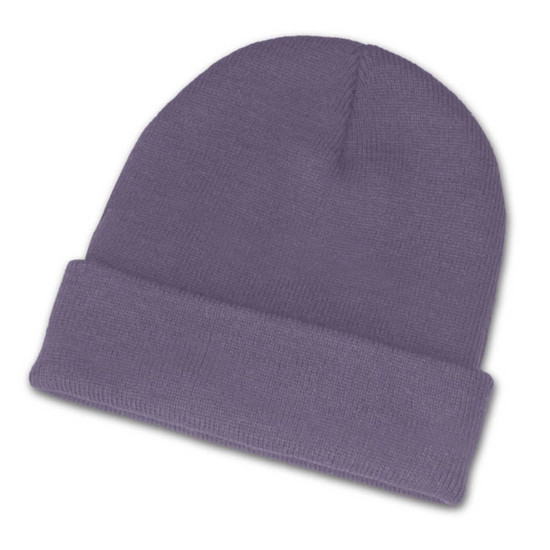 A beanie in a soft purple shade with a rolled cuff design.
