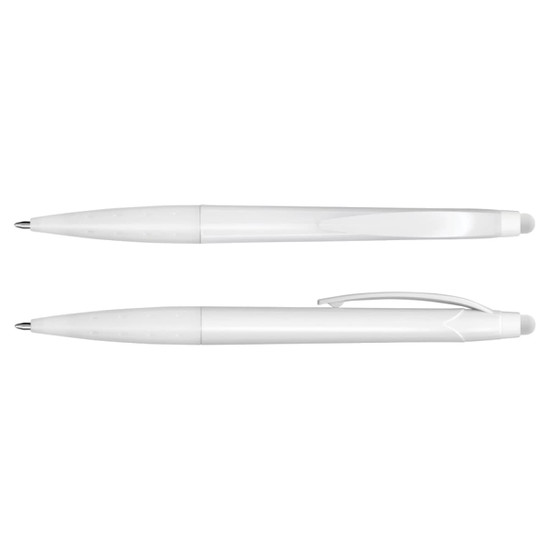 A white stylus pen featuring a sleek design and a logo, ideal for writing and touchscreen use.