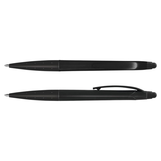 A black stylus pen with a smooth design and a clip for easy attachment, featuring a logo.