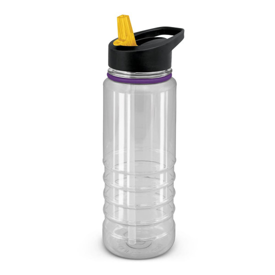 A drink bottle featuring a clear body, black lid, and a yellow spout with a logo on the side.