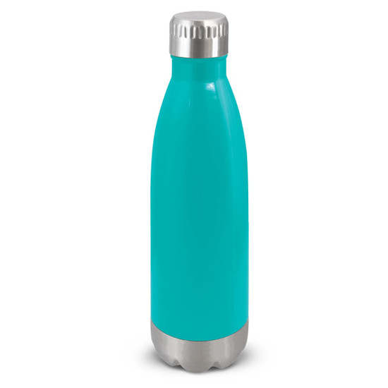 A drink bottle in a vibrant turquoise colour with a stainless steel base and lid. It features a logo.