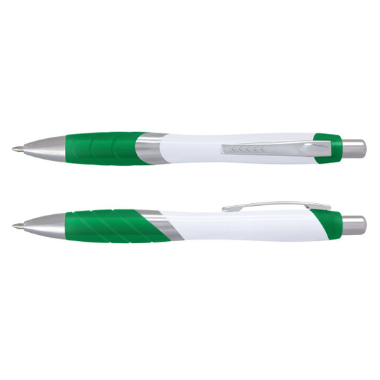 A white pen with green accents and a silver clip, featuring a textured grip and a logo.