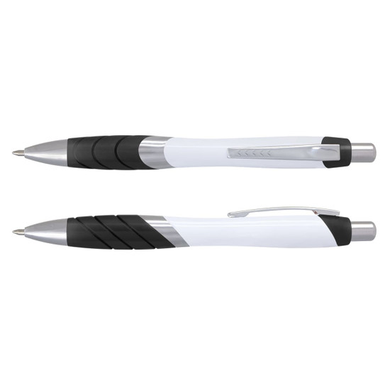 A white barrel pen with black grip and silver accents, featuring a logo on the side.