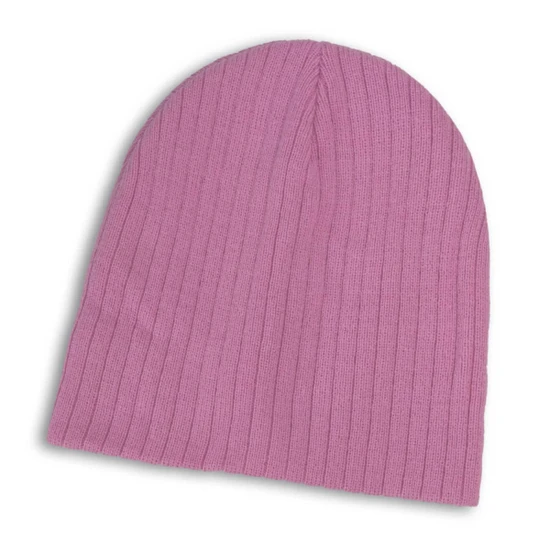 A pink cable knit beanie with a ribbed texture.