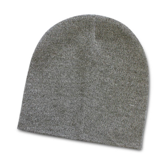 A gray knit beanie with a soft texture, featuring a heather finish.