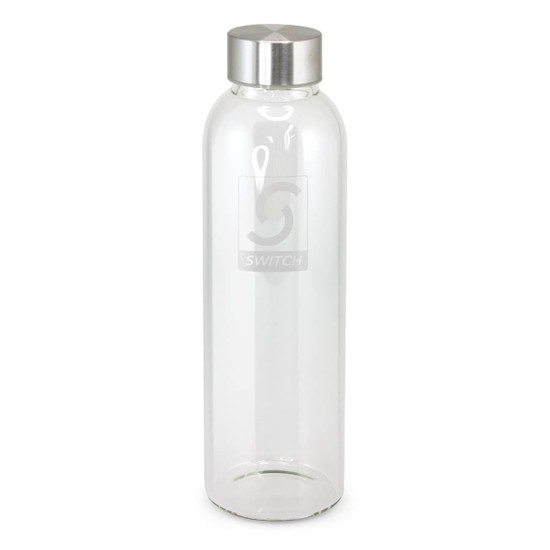 A drink bottle made of clear glass with a stainless steel cap. The bottle features an engraved logo in the center.