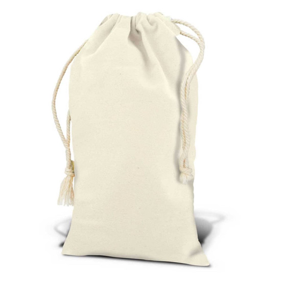 A cream-coloured cotton gift bag with a drawstring closure, featuring a simple, unbranded design.