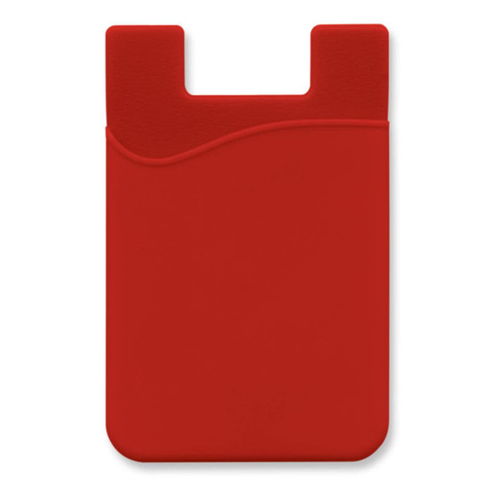 A red silicone phone wallet with a curved design and a slot for cards, featuring a logo.