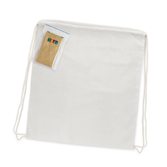 A cotton drawstring backpack in a plain white color, accompanied by a small package containing coloring materials.