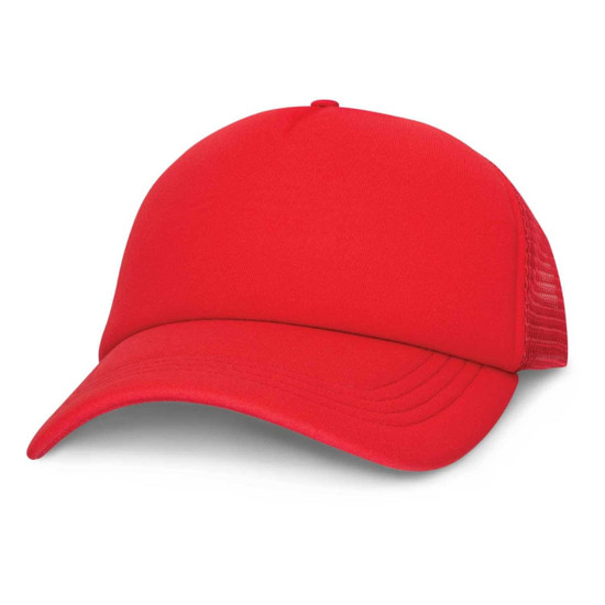 A red trucker cap with a solid front panel and mesh back.