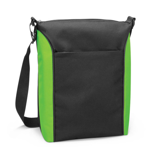 A black and green cooler bag with an adjustable strap and a front pocket, featuring a logo.