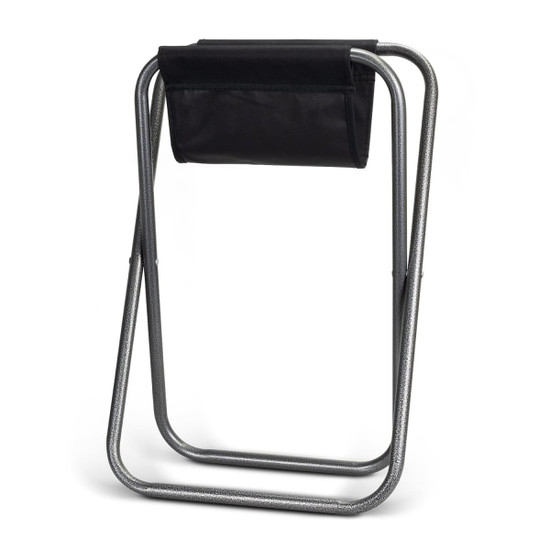 A folding stool with a black canvas seat and a sturdy metallic frame, designed for portability and ease of storage.