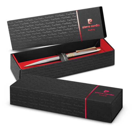 A metal pen in a sleek black and gold design, resting in an elegant presentation box with a logo.