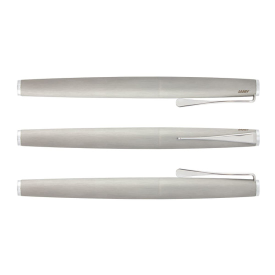 A metallic silver Lamy Studio Rolling Ball Pen displayed from multiple angles, featuring a sleek design and clip.