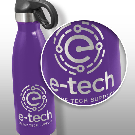 A drink bottle in purple with a flip lid and a logo featuring circular designs.