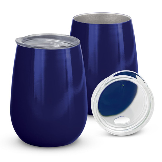 A drink bottle set featuring two deep navy travel mugs with stainless steel interiors and clear lids.