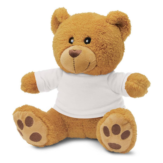 A fluffy brown teddy bear plush toy with a soft texture and a blank white shirt. Features cute, round paws and a friendly expression.