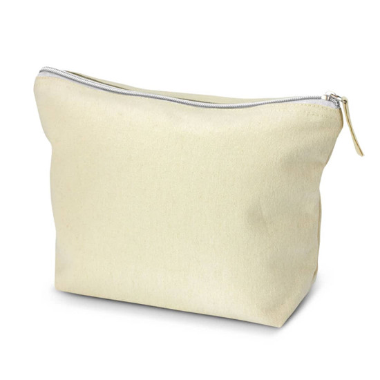 A large cosmetic bag in a soft beige colour with a zip closure and a simple design. It features a logo.