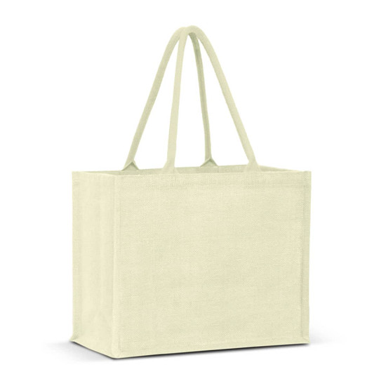 A light green jute tote bag with two handles and a minimalist design. It features a branding logo.