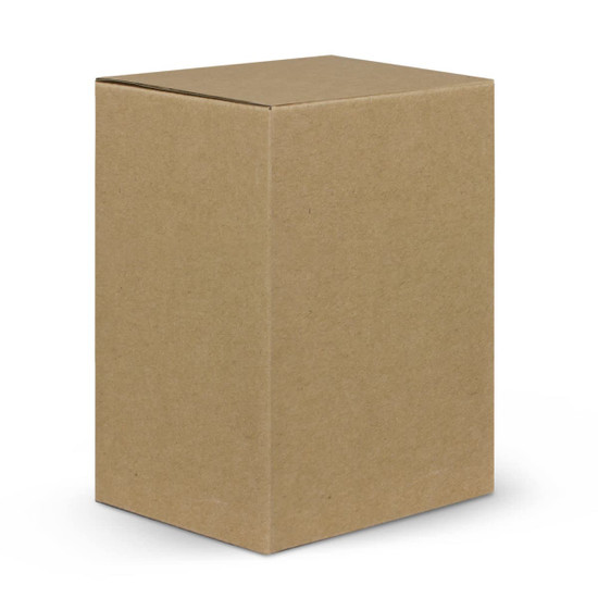 A plain brown cardboard box, standing upright with a flap top, showcasing a simple and unadorned design.