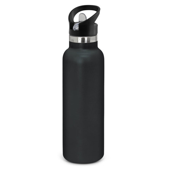 A drink bottle with a sleek, powder-coated exterior and a black lid, designed for durability and insulation.