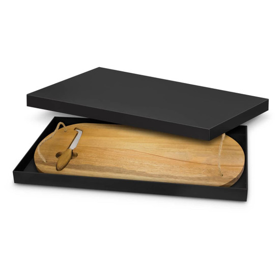 A cheese board in a black box, featuring a natural wood finish and a stainless steel knife.