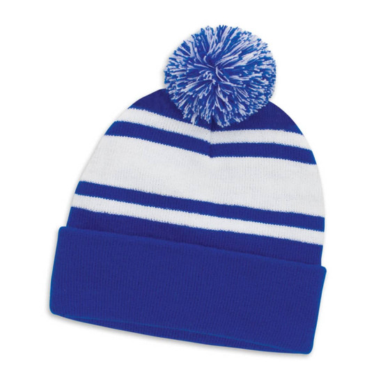 A blue and white striped beanie with a pom pom on top and a fold-over cuff. It features a logo.
