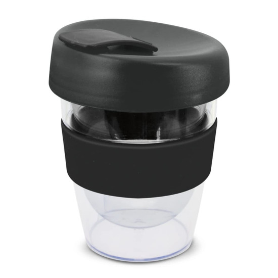 A drink bottle with a black lid and band, featuring a transparent body, designed for 230ml capacity.