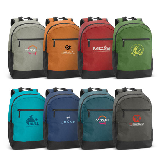 A series of backpacks in various colours including orange, red, green, blue, and black, each featuring a logo.