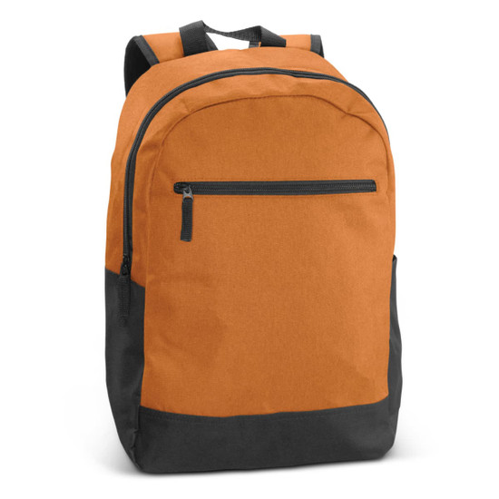 An orange and black Corolla Backpack featuring a front zip pocket and adjustable straps. It has a logo on it.