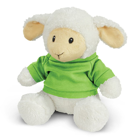 A soft, plush lamb toy with a cream body and a green sweatshirt, featuring oversized ears and a friendly expression.